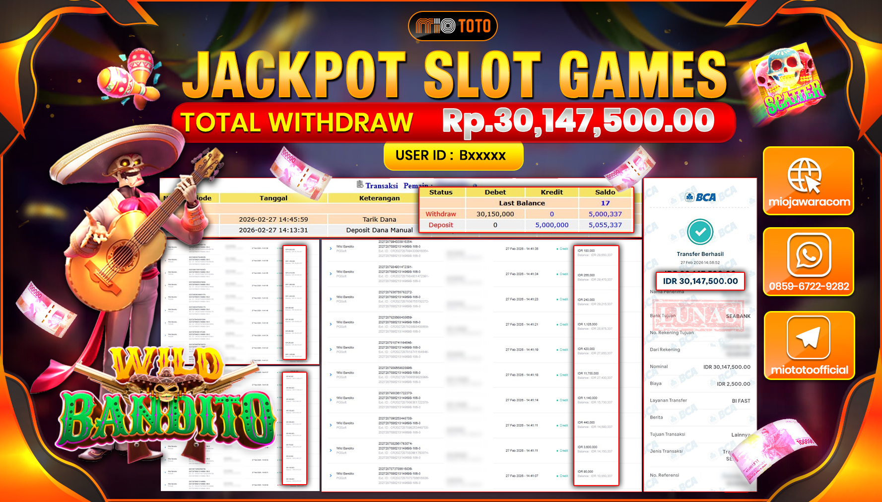 JACKPOT SLOT WILD BANDITO Rp.30,147,500 DI BAYAR TUNAI !!!