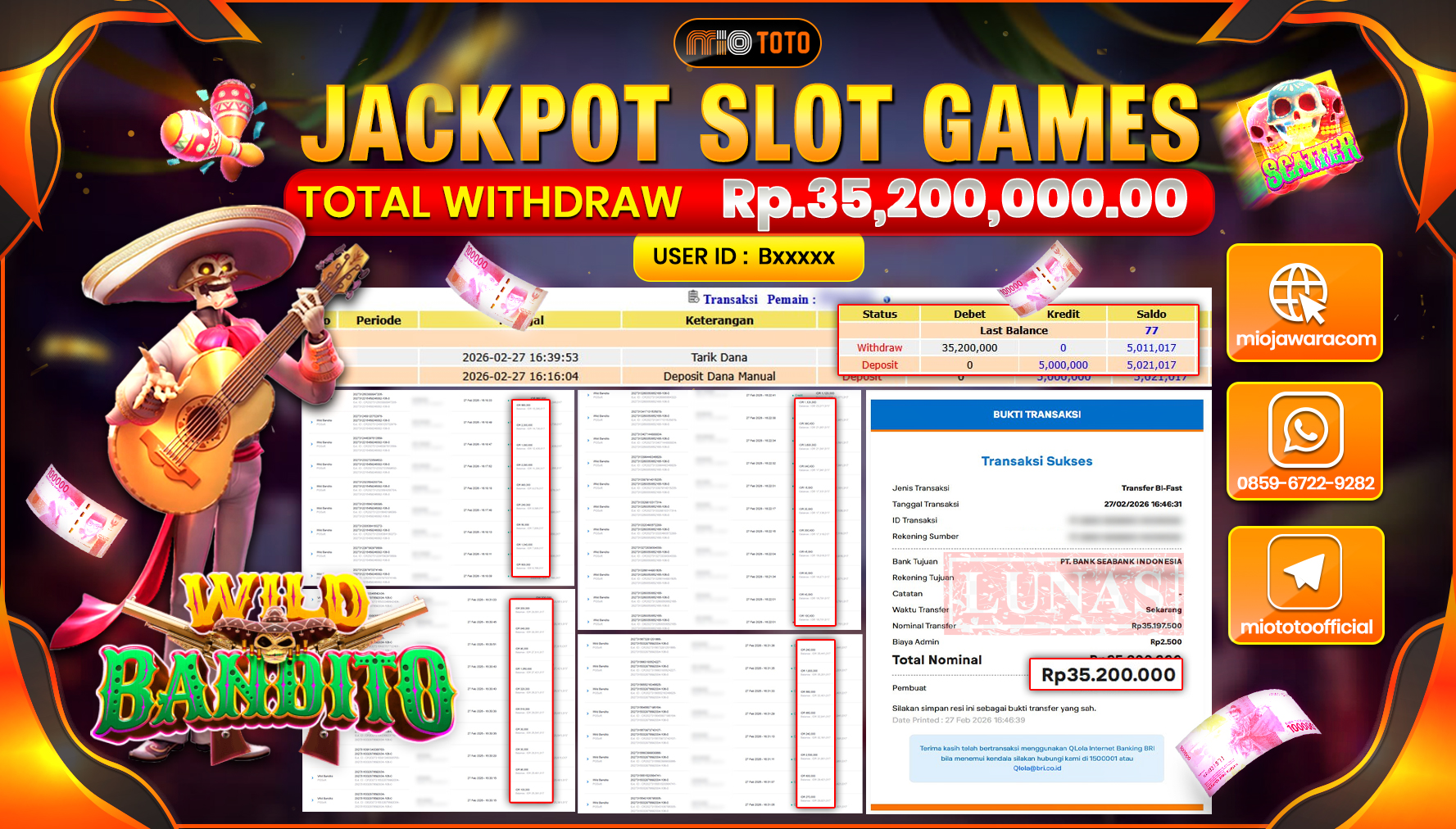 JACKPOT SLOT WILD BANDITO Rp.35,200,000 DI BAYAR TUNAI !!!