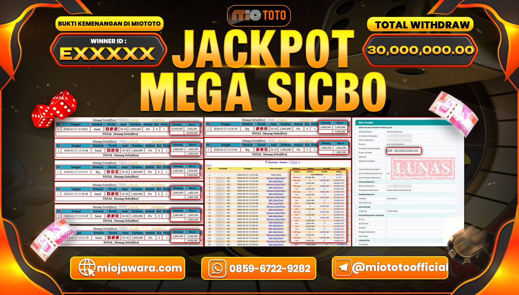 JACKPOT LIVE SICBO DICE Rp.30,000,000 DI BAYAR TUNAI !!!