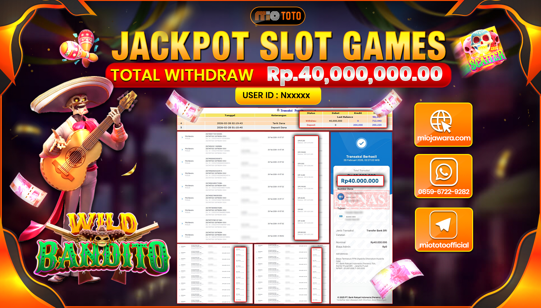 JACKPOT SLOT WILD BANDITO Rp.40,000,000 DI BAYAR TUNAI !!!