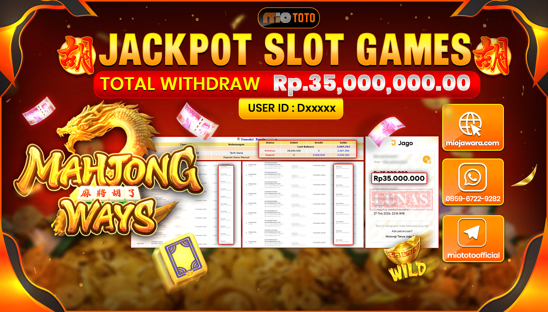 JACKPOT SLOT MAHYONG WAYS Rp.35,000,000 DI BAYAR TUNAI !!!