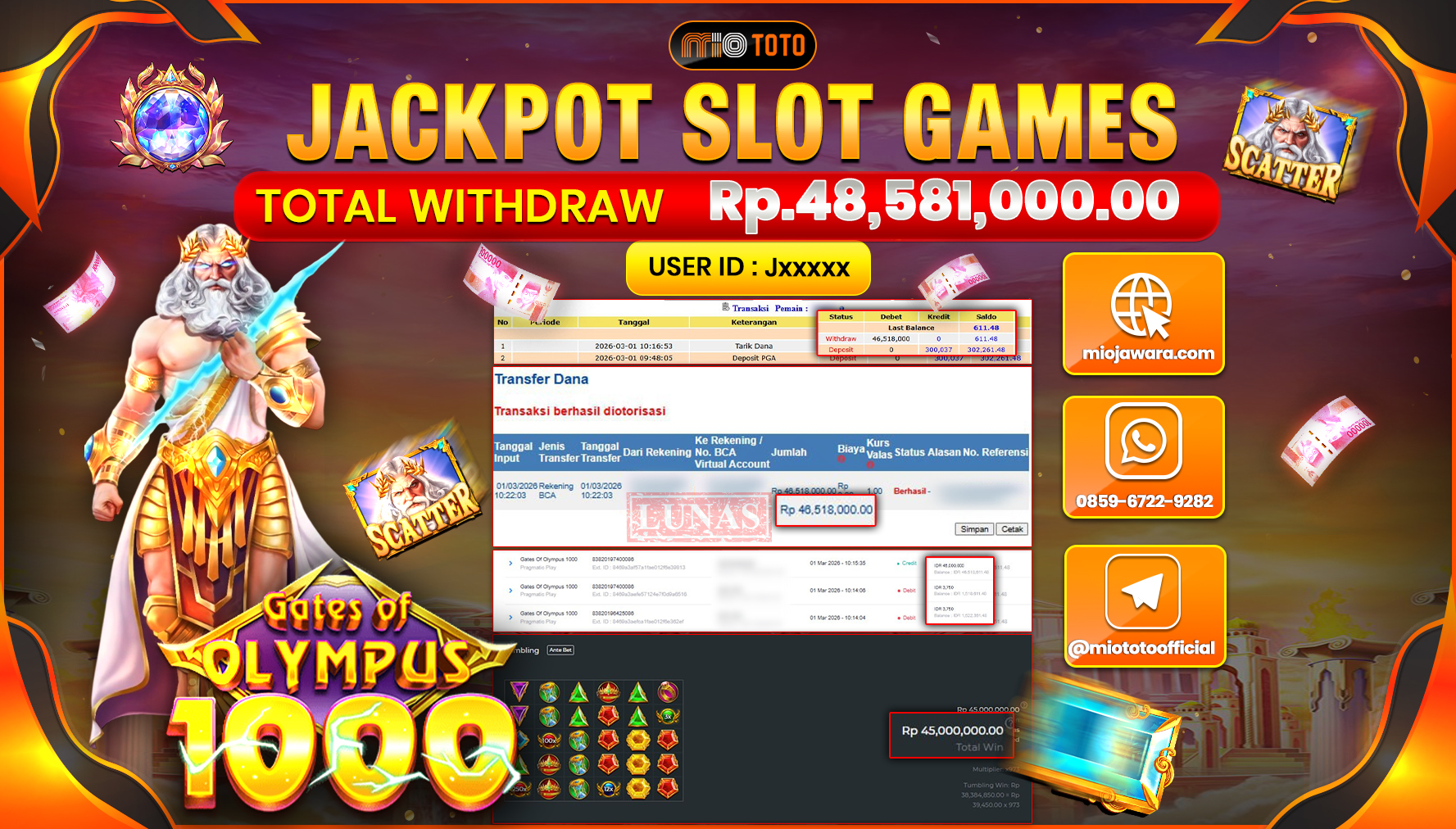 JACKPOT SLOT GATES OF OLYMPUS 1000 Rp.48,581,000 DI BAYAR TUNAI !!!