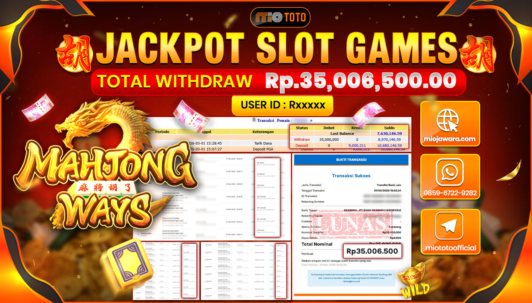 JACKPOT SLOT MAHYONG WAYS Rp.35,006,500 DI BAYAR TUNAI !!!