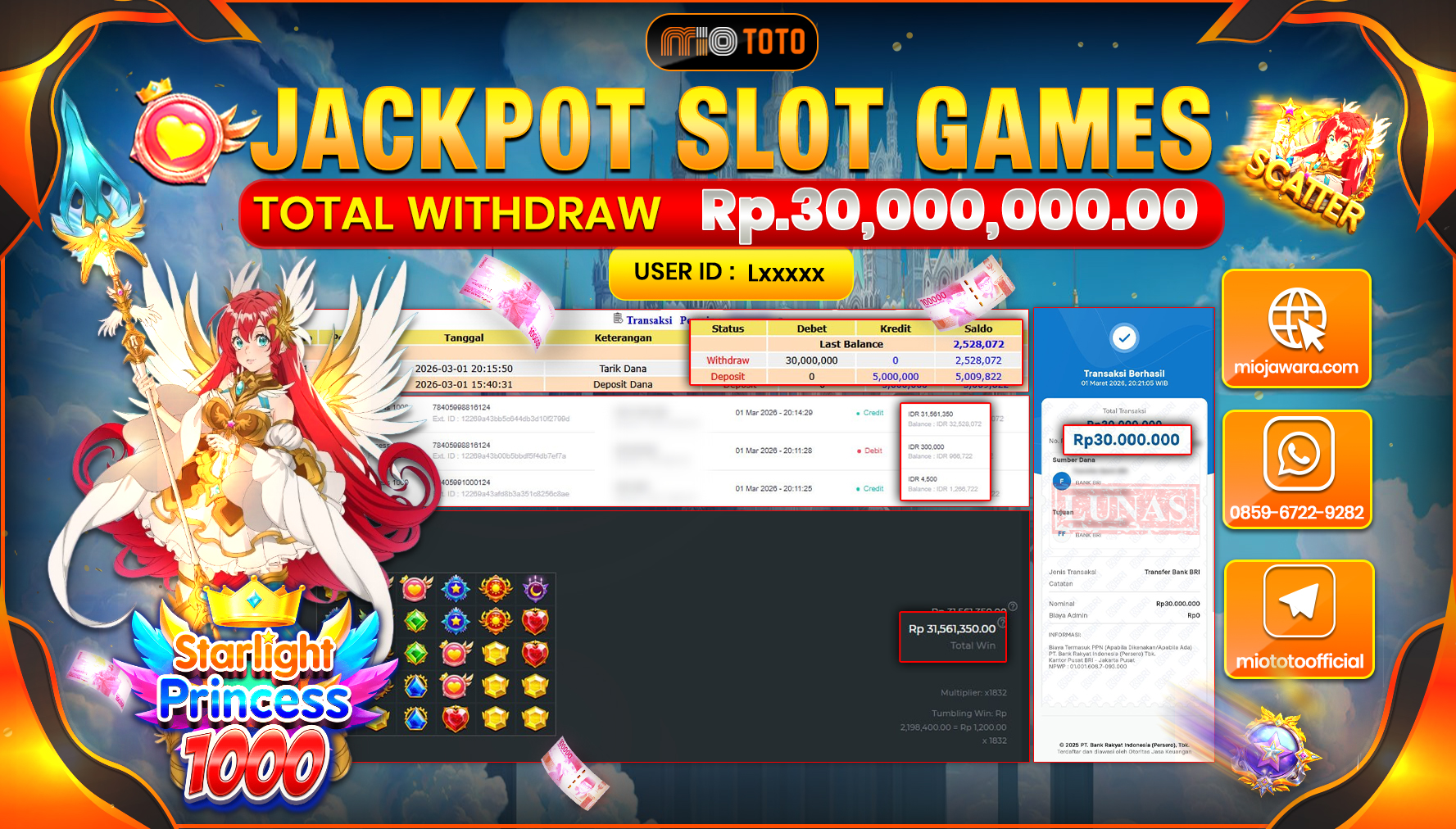 JACKPOT SLOT STARLIGHT PRINCESS 1000 Rp.30,000,000 DI BAYAR TUNAI !!!