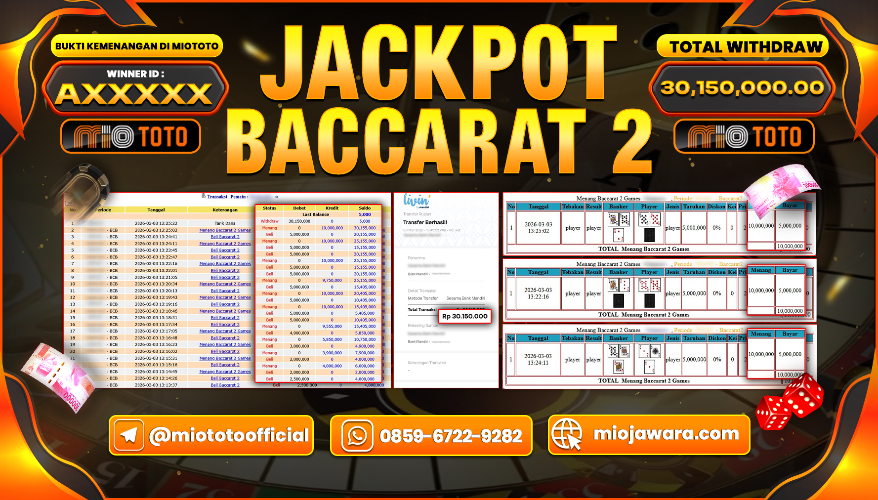 JACKPOT LIVE GAME BACCARAT 2 Rp.30,150,000 DI BAYAR TUNAI !!!