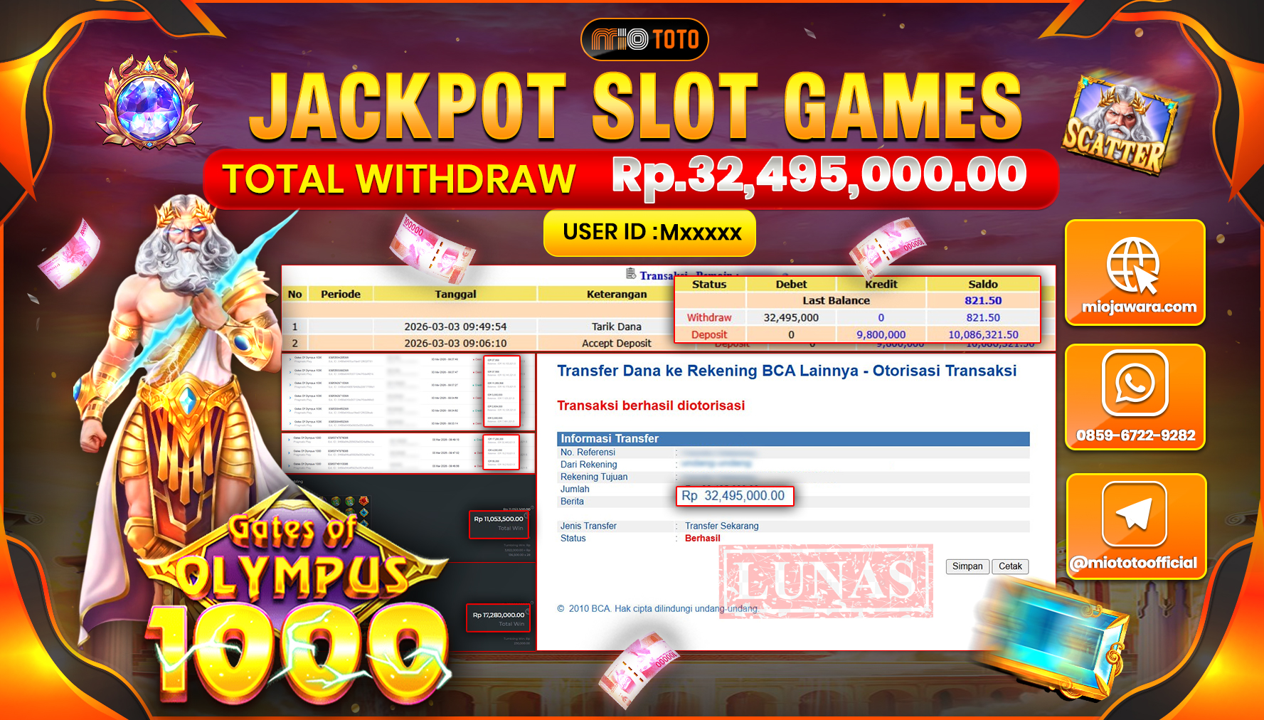 JACKPOT SLOT GATES OF OLYMPUS 1000 Rp.32,495,000 DI BAYAR TUNAI !!!
