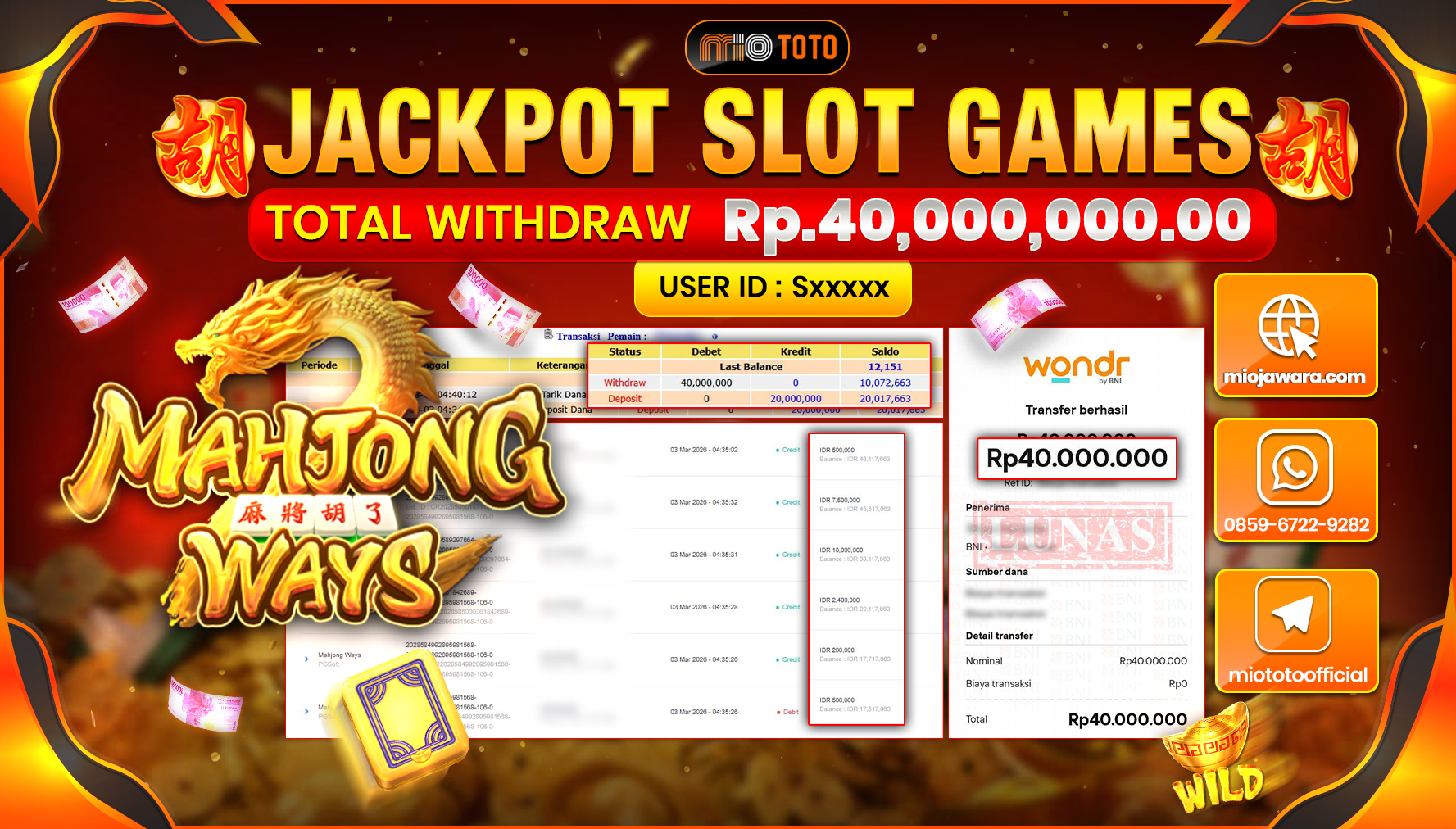JACKPOT SLOT MAHYONG WAYS Rp.40,000,000 DI BAYAR TUNAI !!!