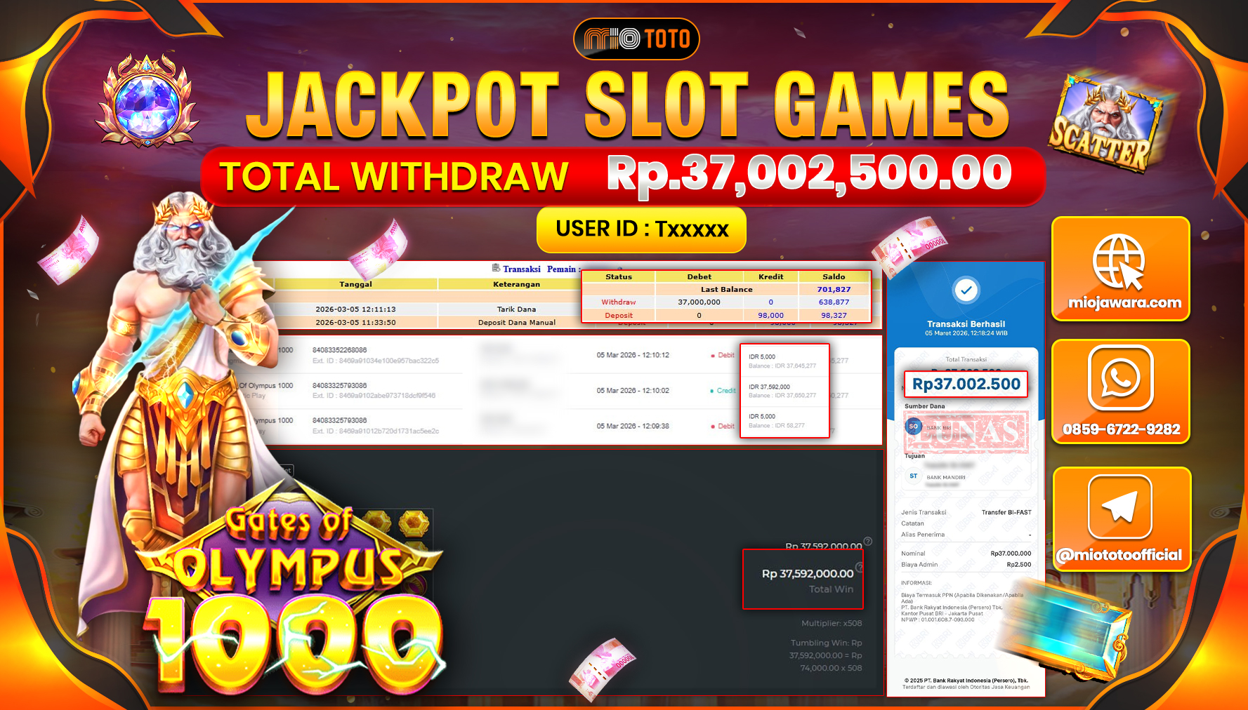 JACKPOT SLOT GATES OF OLYMPUS 1000 Rp.37,002,500 DI BAYAR TUNAI !!!