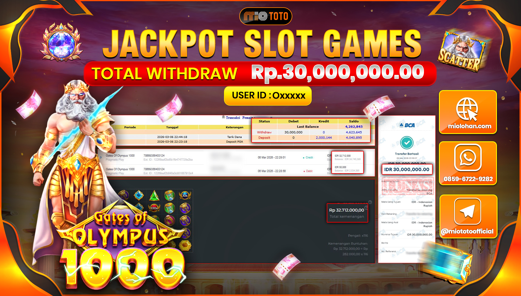 JACKPOT SLOT GATES OF OLYMPUS 1000 Rp.30,000,000 DI BAYAR TUNAI !!!