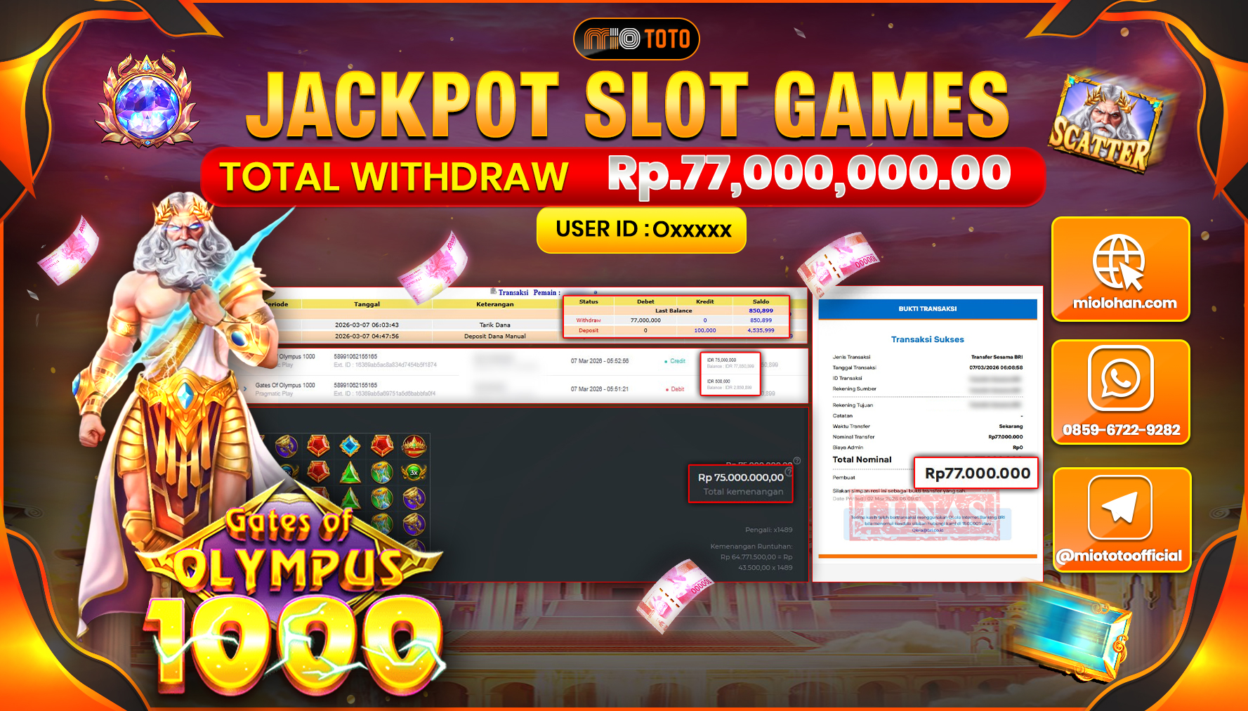 JACKPOT SLOT GATES OF OLYMPUS 1000 Rp.77,000,000 DI BAYAR TUNAI !!!
