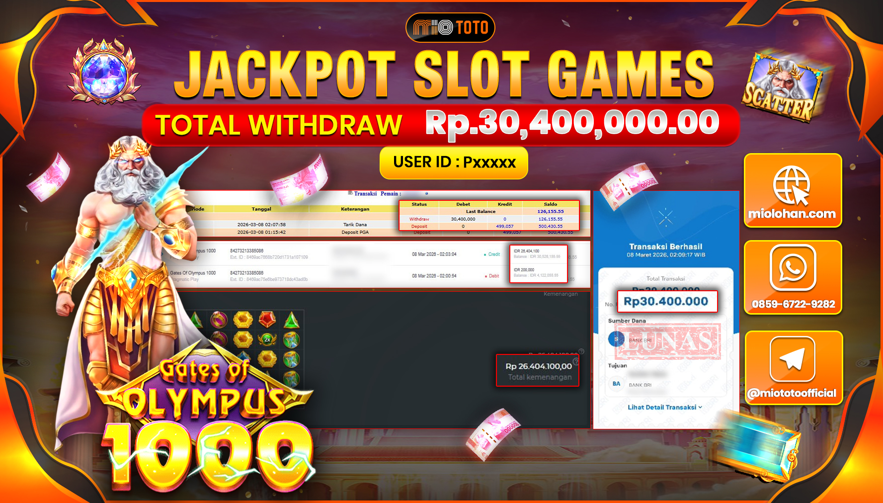 JACKPOT SLOT GATES OF OLYMPUS 1000 Rp.30,400,000 DI BAYAR TUNAI !!!