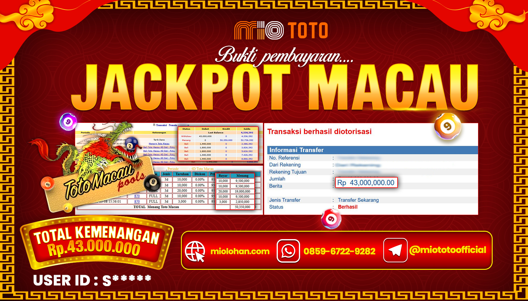 JACKPOT TOGEL TOTOMACAU POOLS 4D Rp.43,000,000 DI BAYAR TUNAI !!!