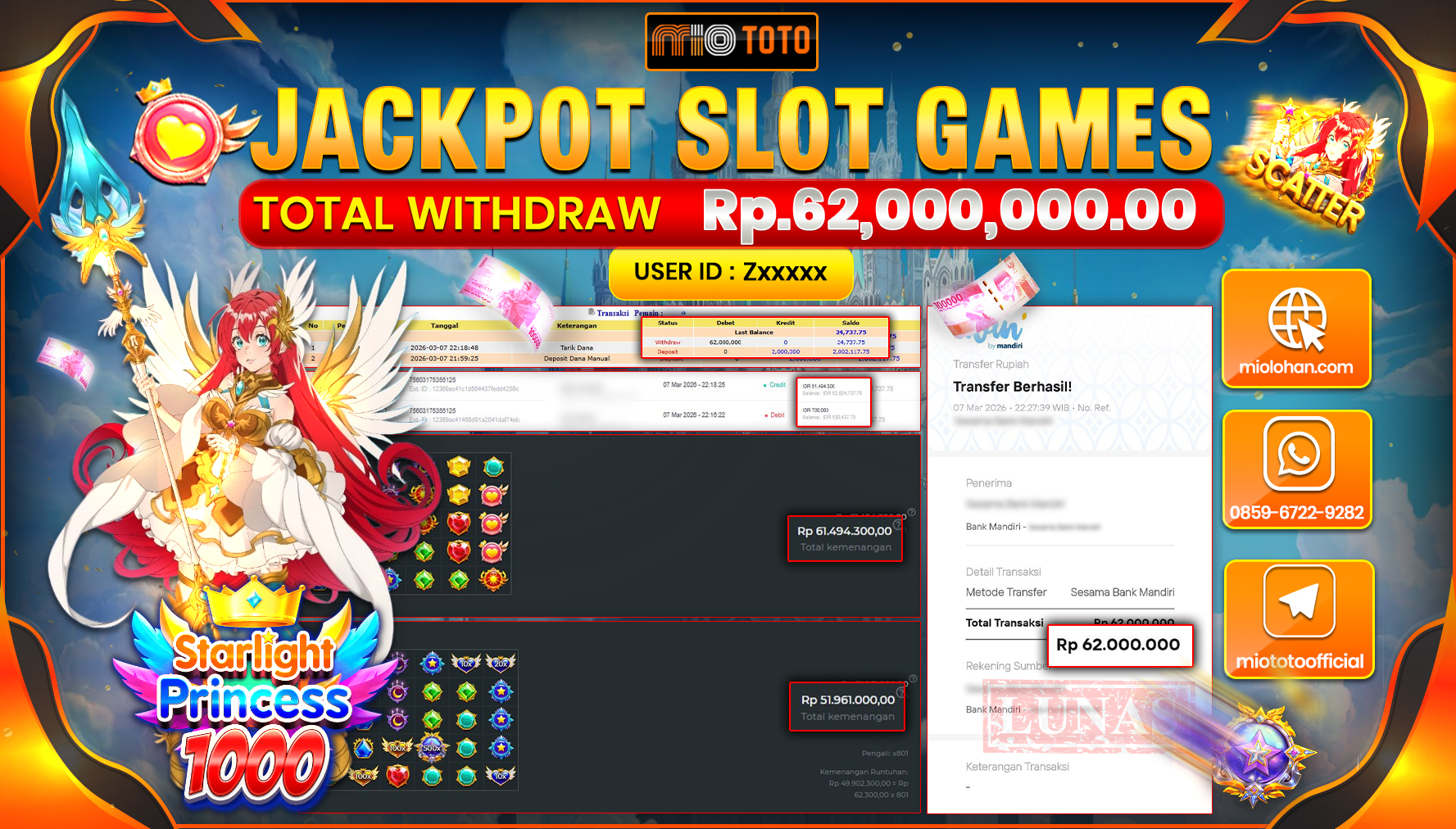 JACKPOT SLOT STARLIGHT PRINCESS 1000 Rp.62,000,000 DI BAYAR TUNAI !!!