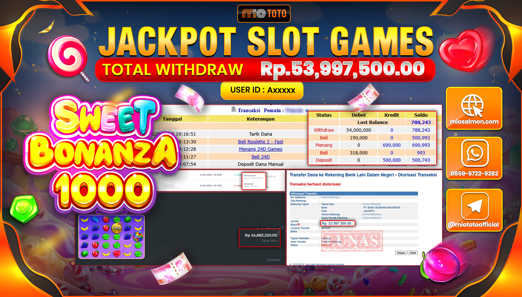JACKPOT SLOT SWEET BONANZA 1000 Rp.53,997,500 DI BAYAR TUNAI !!!