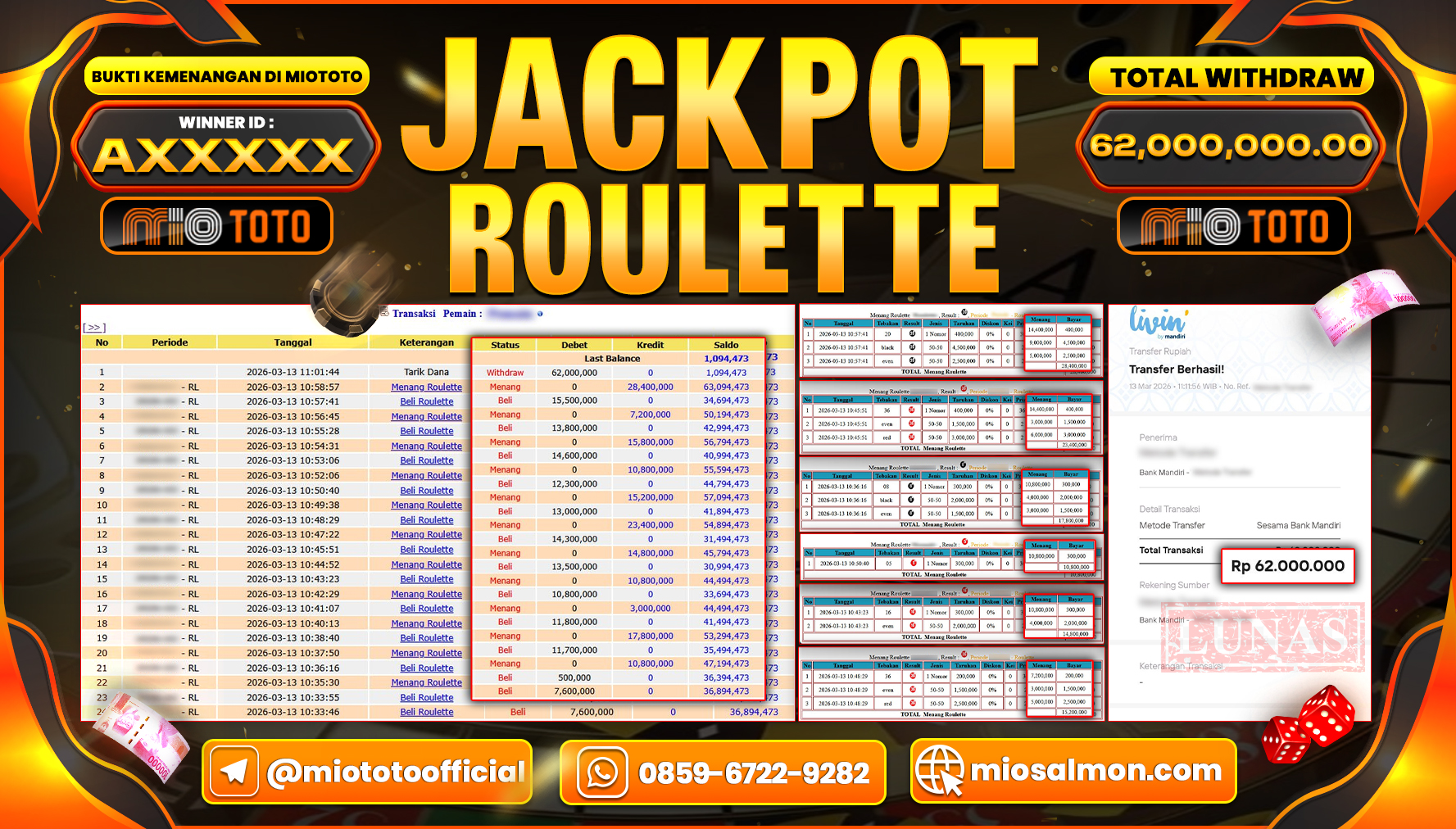 JACKPOT LIVE GAME ROULETTE Rp.62,000,000 DI BAYAR TUNAI !!!