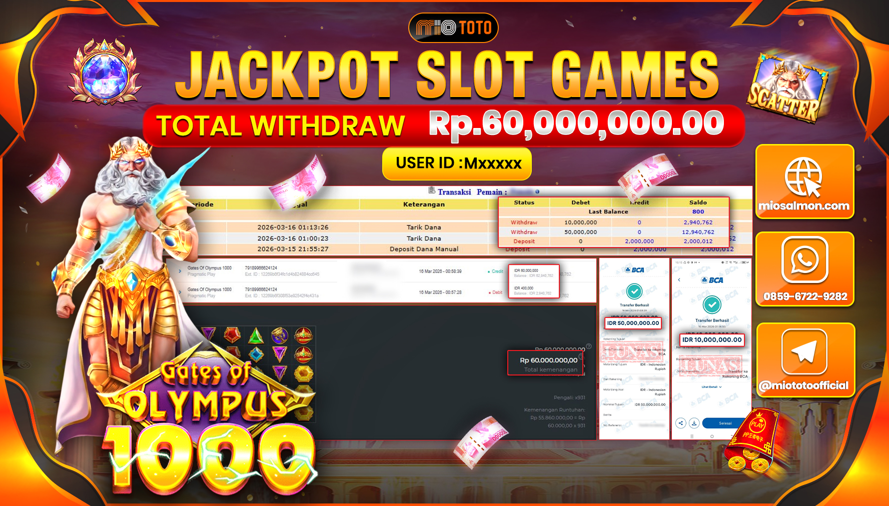 JACKPOT SLOT GATE OF OLYMPUS 1000 Rp.60,000,000 DI BAYAR TUNAI !!!