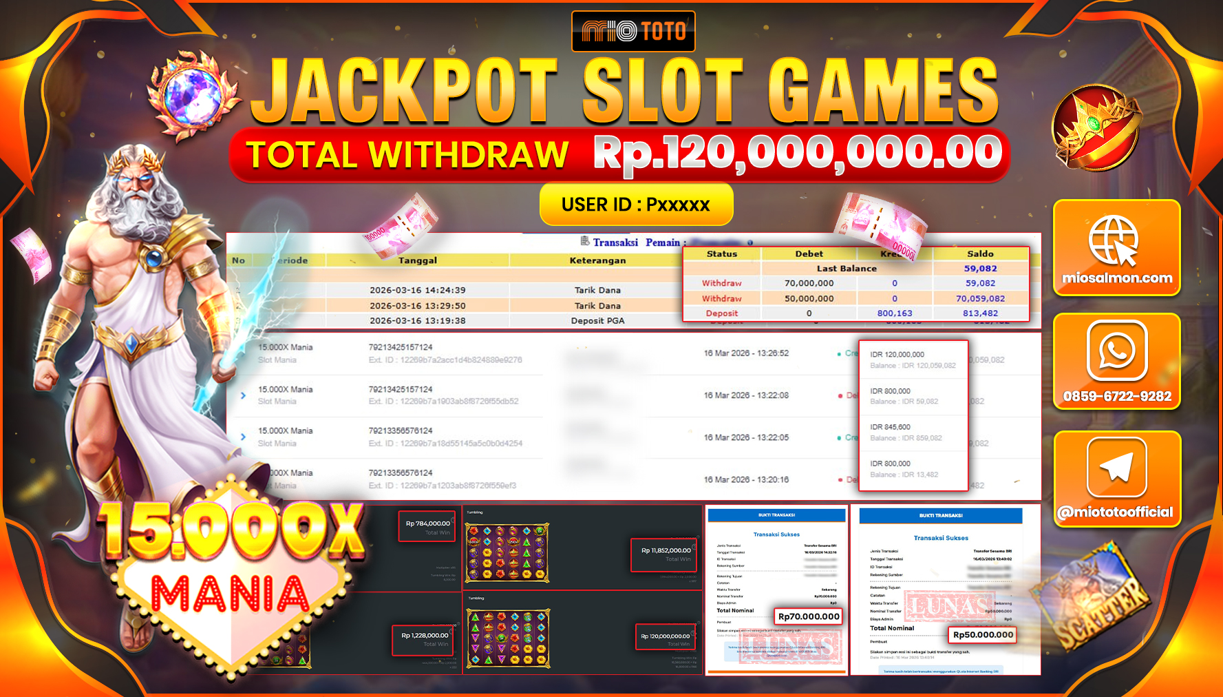 JACKPOT SLOT MANIA 15.000X Rp.120,000,000 DI BAYAR TUNAI !!!