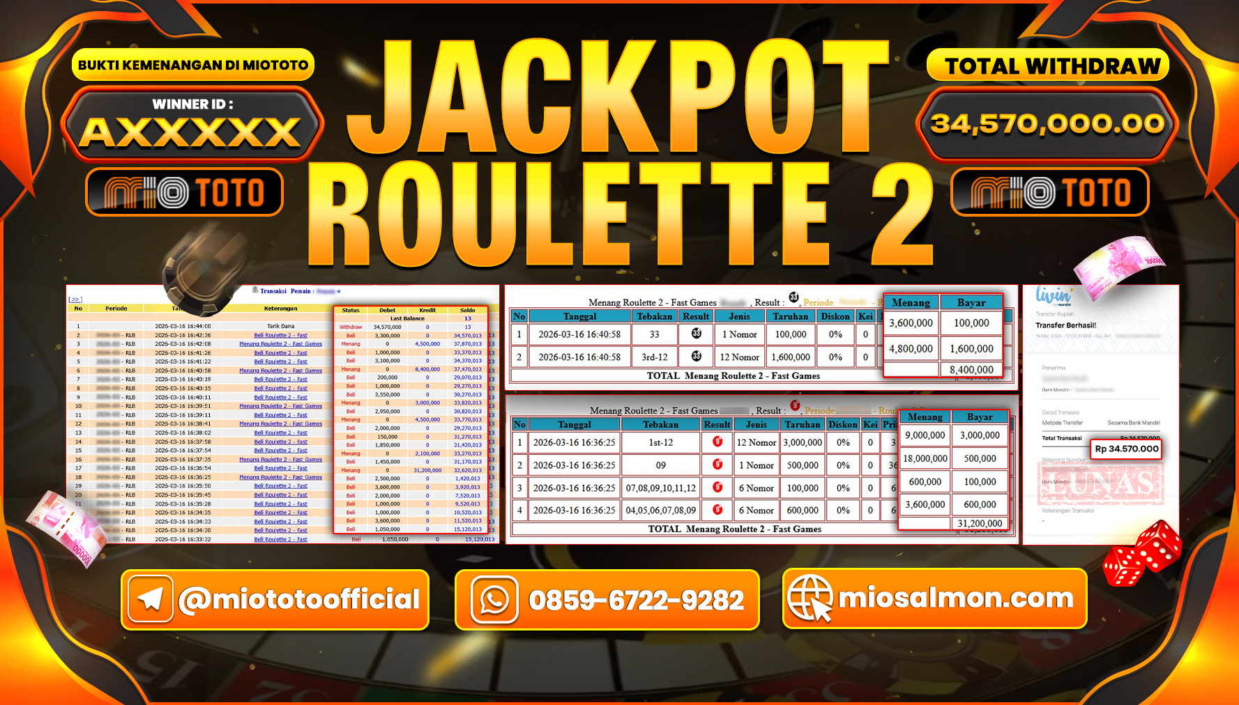 JACKPOT LIVE GAME ROULETTE 2 Rp.34,570,000 DI BAYAR TUNAI !!!