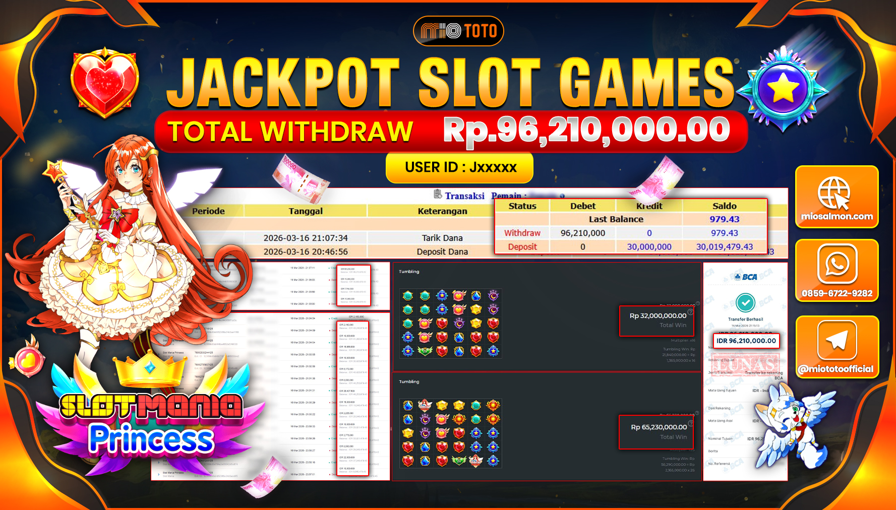 JACKPOT SLOT MANIA PRINCESS Rp.96,210,000 DI BAYAR TUNAI !!!