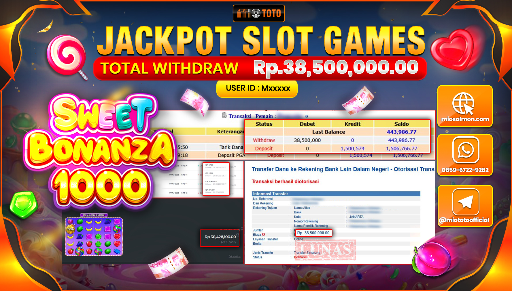 JACKPOT SLOT SWEET BONANZA 1000 Rp.38,500,000 DI BAYAR TUNAI !!!