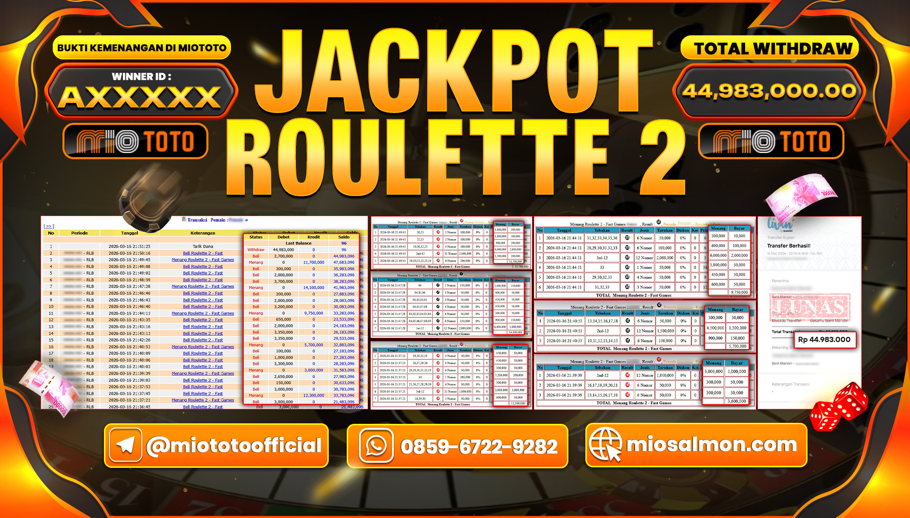 JACKPOT LIVE GAME ROULETTE 2 Rp.44,983,000 DI BAYAR TUNAI !!!