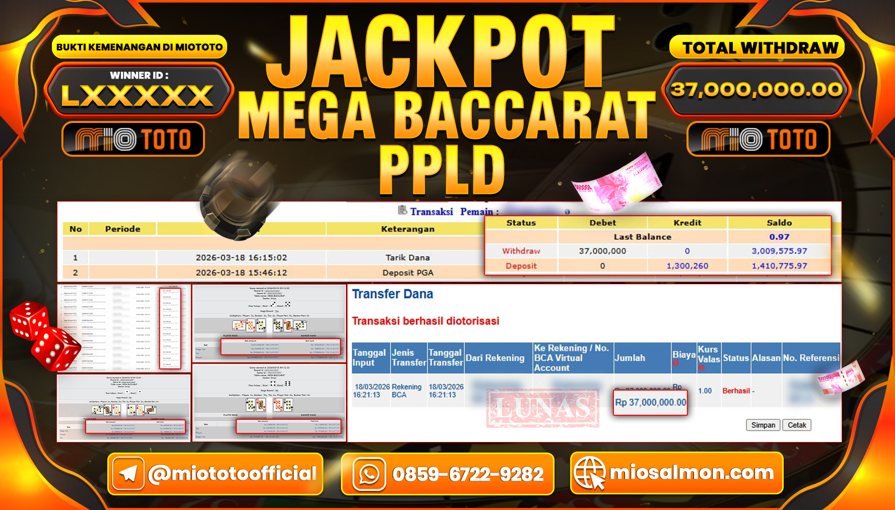 JACKPOT LIVE GAME MEGA BACCARAT PRAGMATIC PLAY LIVEDEALER Rp.37,000,000 DI BAYAR TUNAI !!!