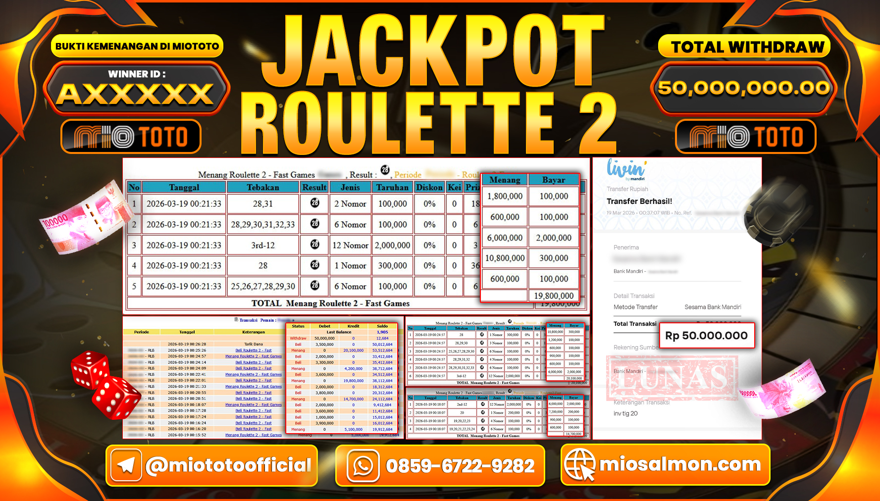 JACKPOT LIVE GAME ROULETTE 2 Rp.50,000,000 DI BAYAR TUNAI !!!
