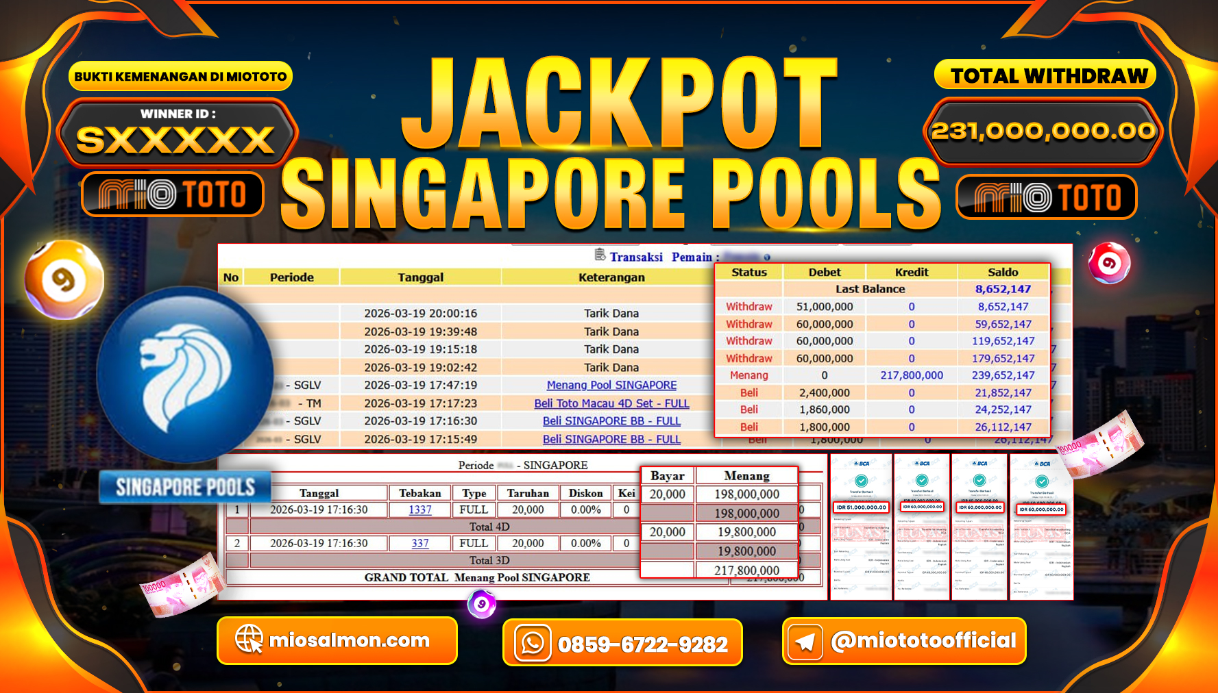 JACKPOT TOGEL SINGAPORE POOLS Rp.231,000,000 DI BAYAR TUNAI !!!