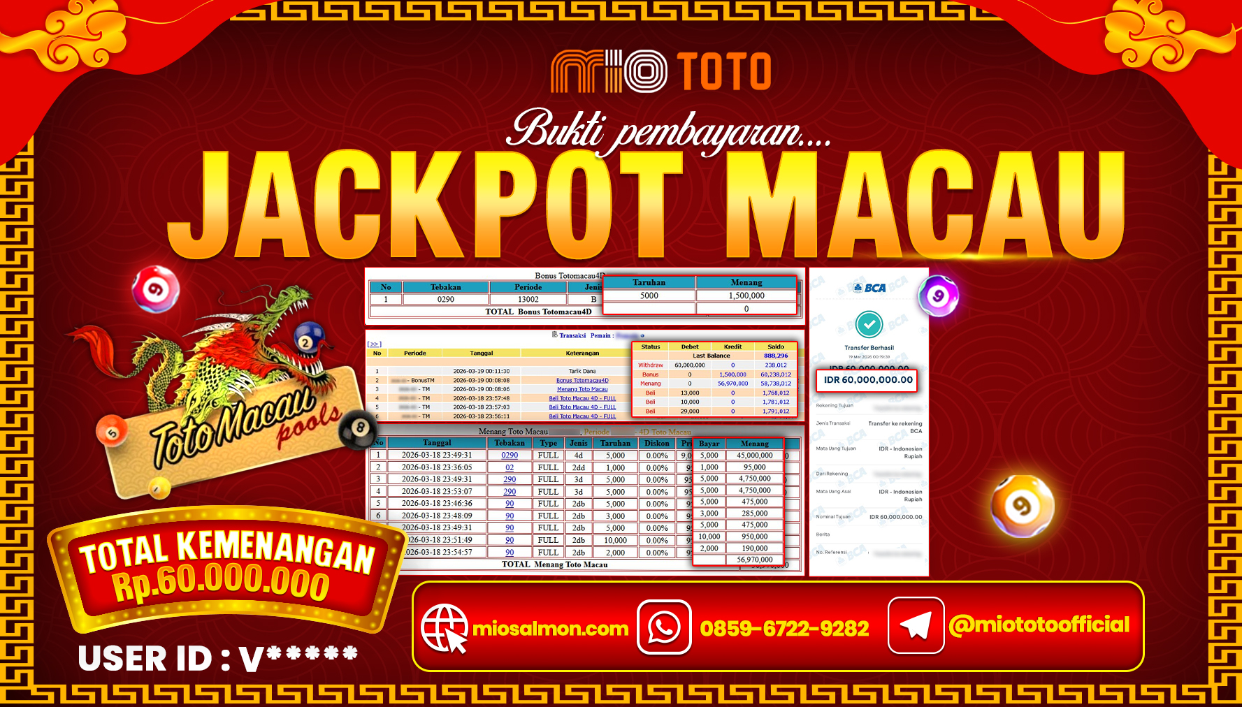 JACKPOT TOGEL TOTO MACAU 4D POOLS Rp.60,00,000 DI BAYAR TUNAI !!!