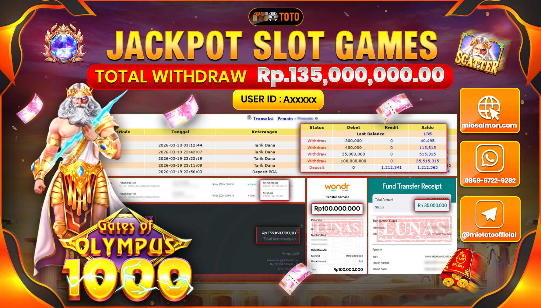 JACKPOT SLOT GATES OF OLYMPUS 1000 Rp.135,000,000 DI BAYAR TUNAI !!!