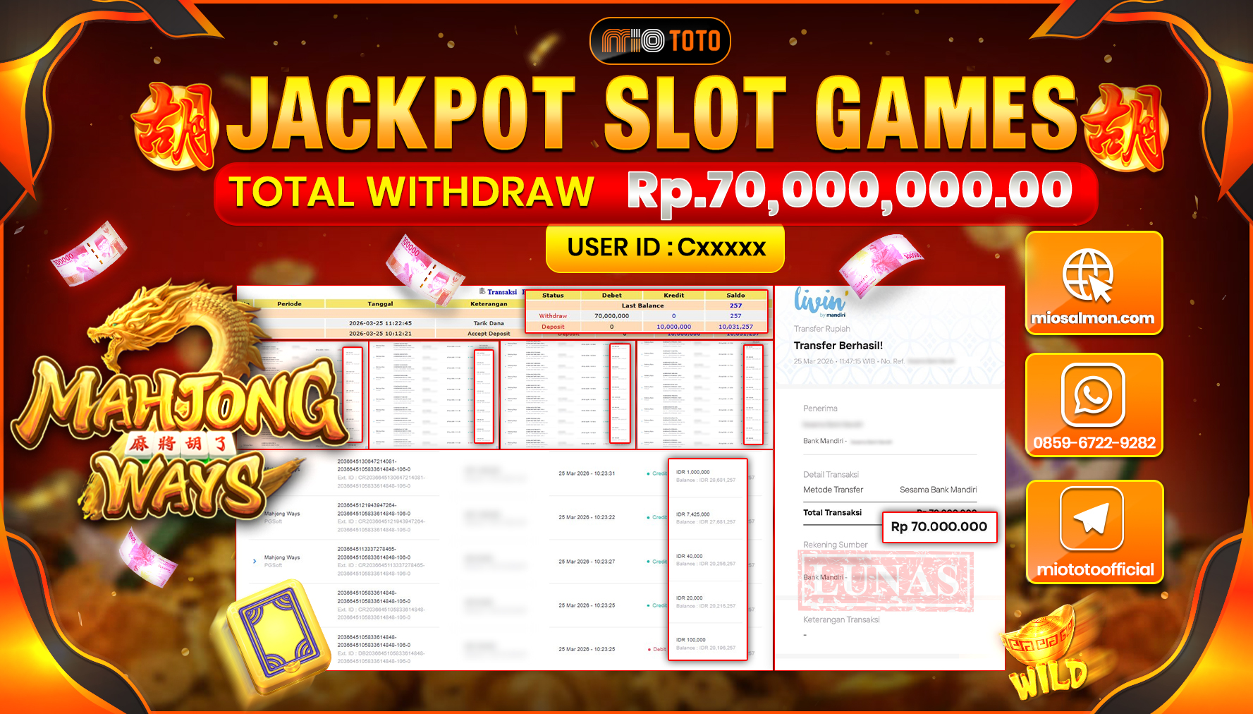 JACKPOT SLOT MAHJONG WAYS Rp.70,000,000 DI BAYAR TUNAI !!!