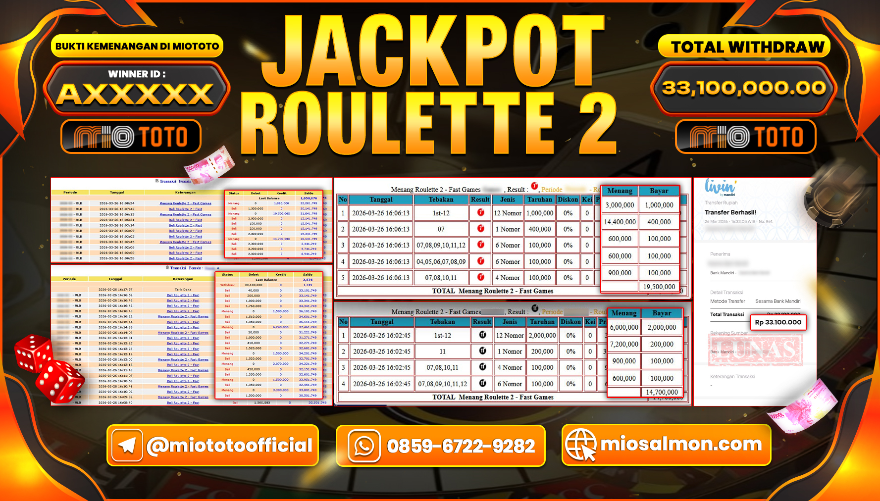 JACKPOT LIVE GAME ROULETTE 2 Rp.33,100,000 DI BAYAR TUNAI !!!