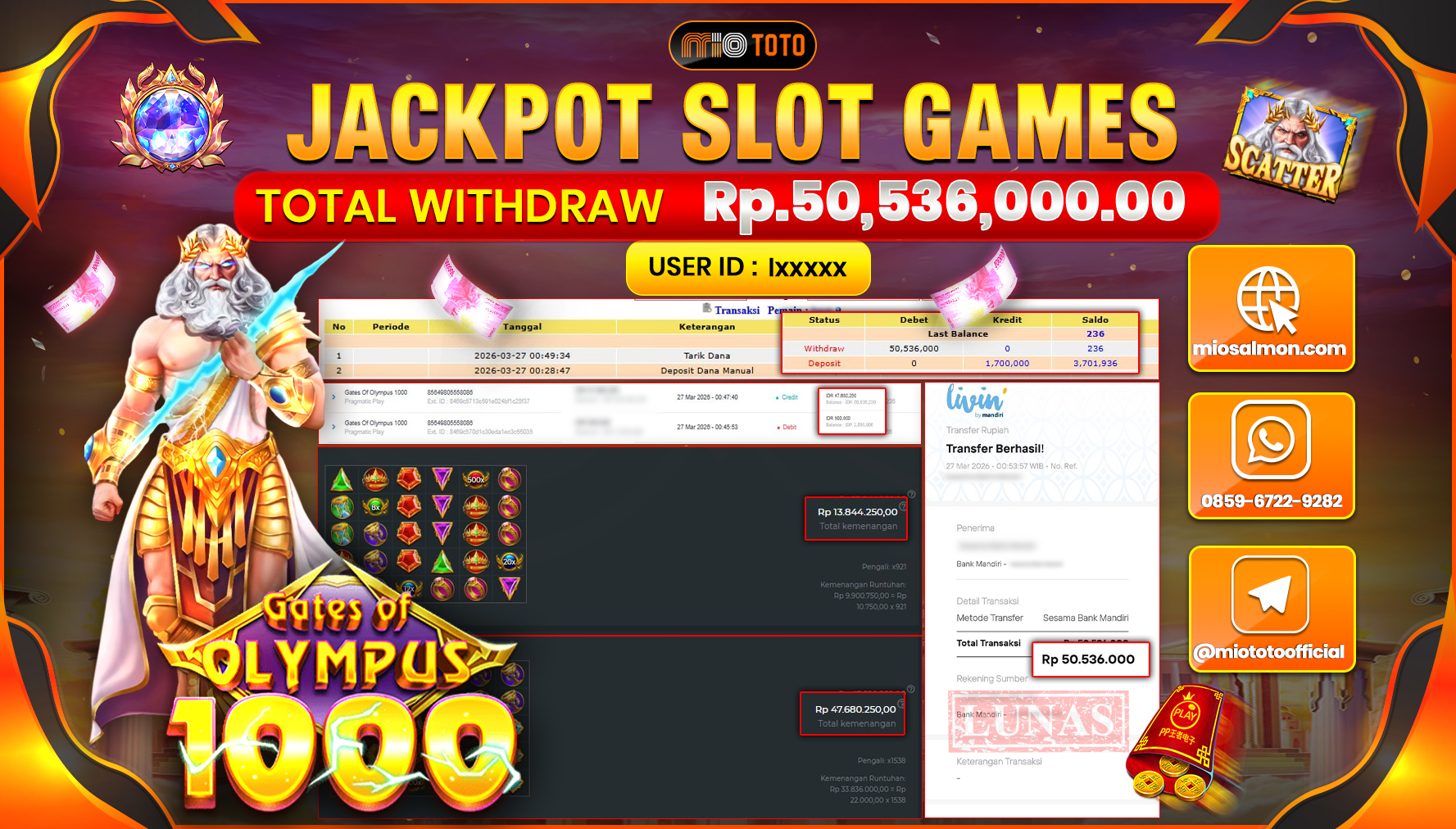 JACKPOT SLOT GATES OF OLYMPUS 1000 Rp.50,536,000 DI BAYAR TUNAI !!!