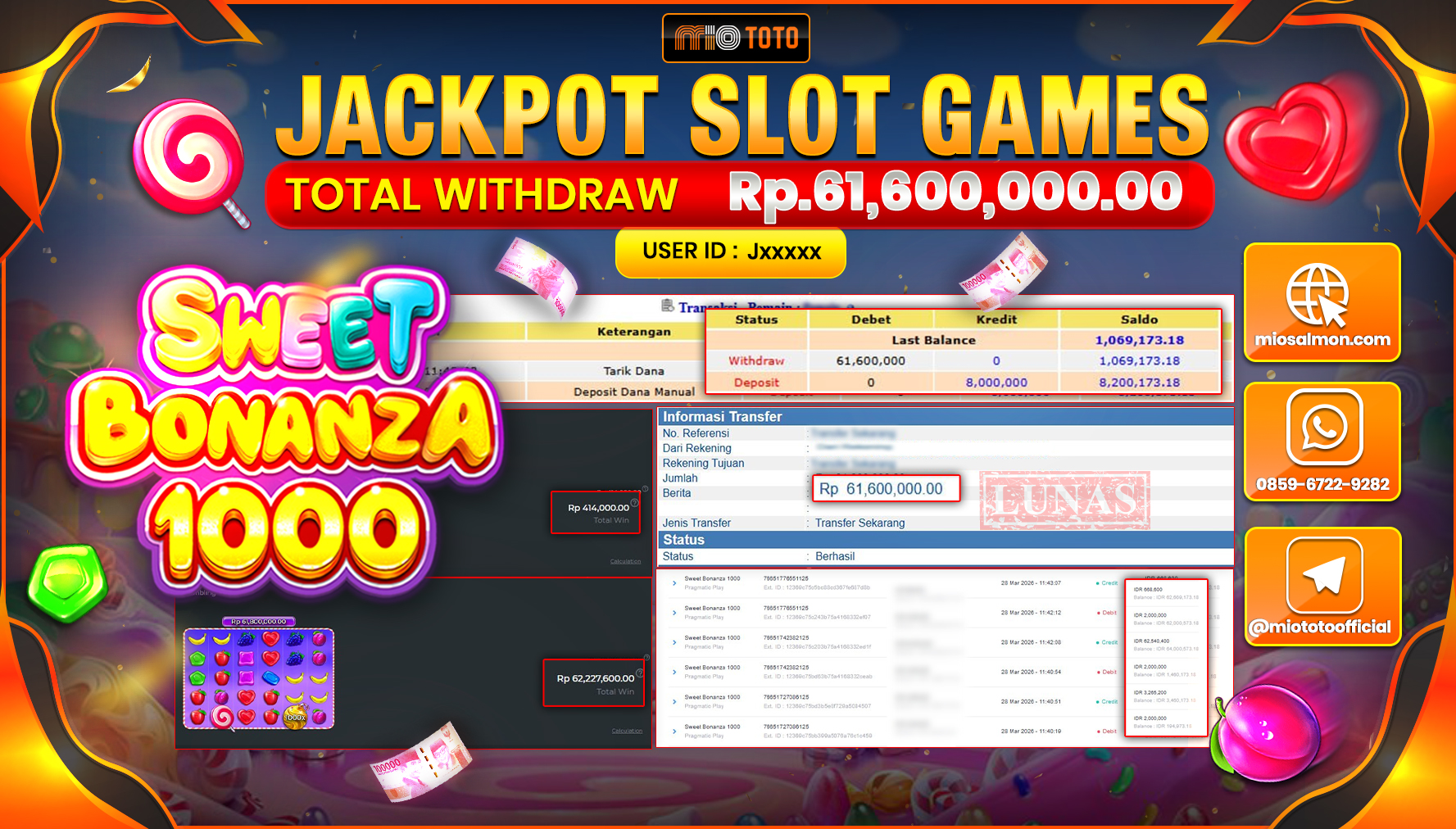 JACKPOT SLOT SWEET BONANZA 1000 Rp.61,600,000 DI BAYAR TUNAI !!!