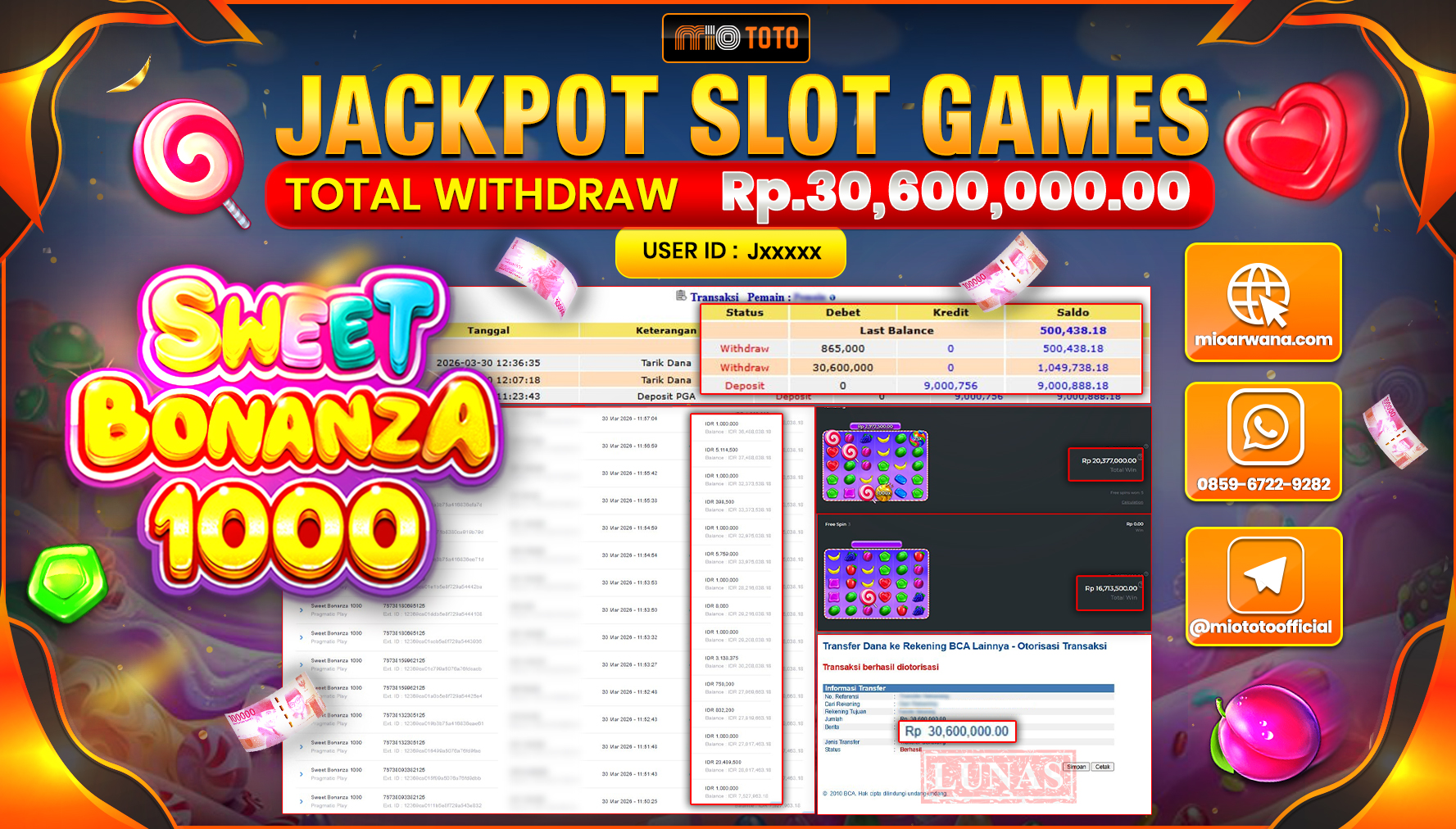 JACKPOT SLOT SWEET BONANZA 1000 Rp.30,600,000 DI BAYAR TUNAI !!!