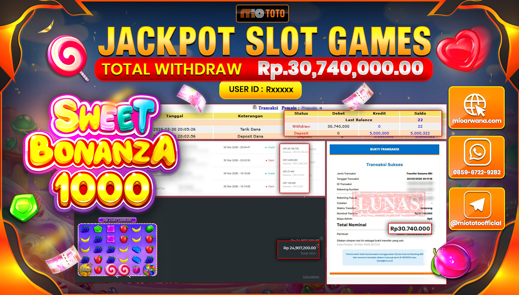JACKPOT SLOT SWEET BONANZA 1000 Rp.30,740,000 DI BAYAR TUNAI !!!