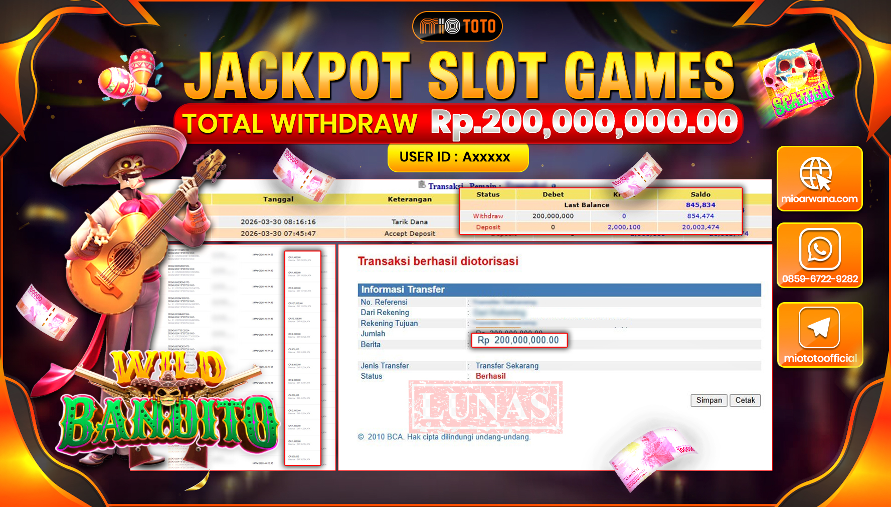 JACKPOT SLOT WILD BANDITO Rp.200,000,000 DI BAYAR TUNAI !!!