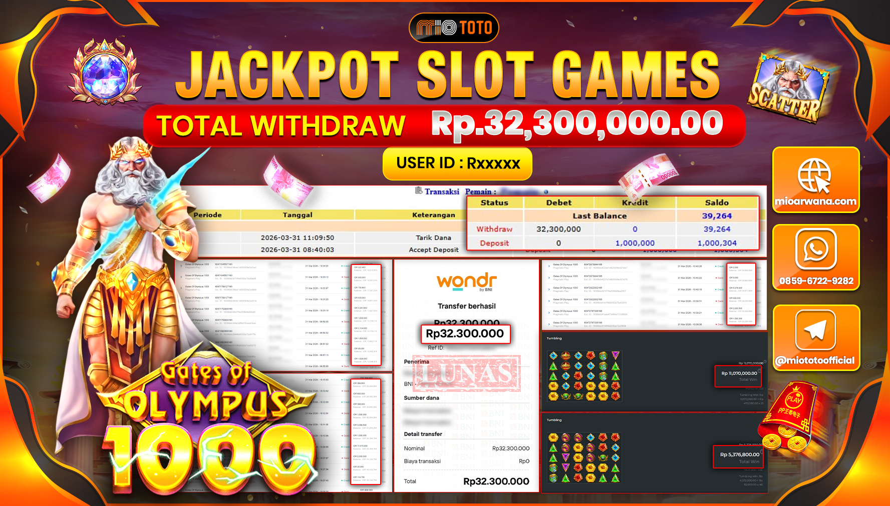 JACKPOT SLOT GATES OF OLYMPUS 1000 Rp.32,300,000 DI BAYAR TUNAI !!!