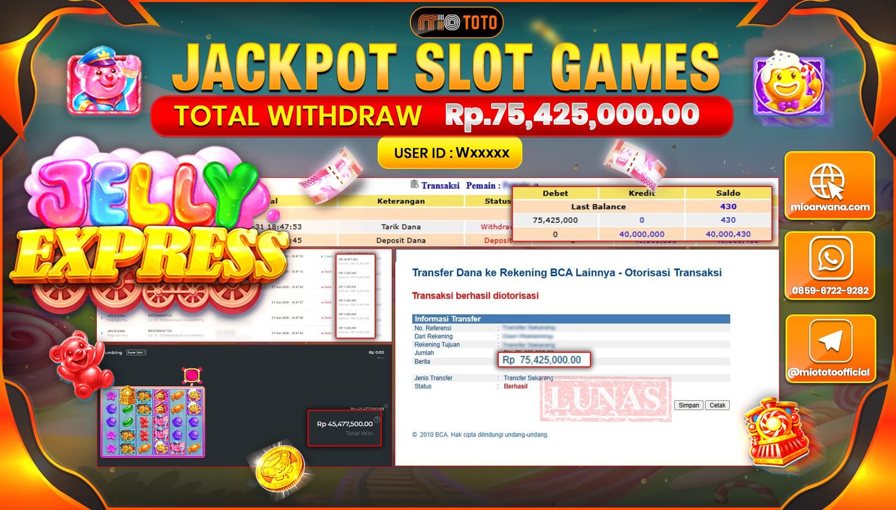 JACKPOT SLOT JELLY EXPRESS Rp.75,425,000 DI BAYAR TUNAI !!!