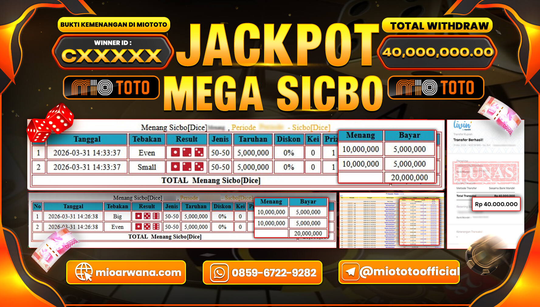 JACKPOT LIVE GAME MEGA SICBO INDONESIA Rp.40,000,000 DI BAYAR TUNAI !!!