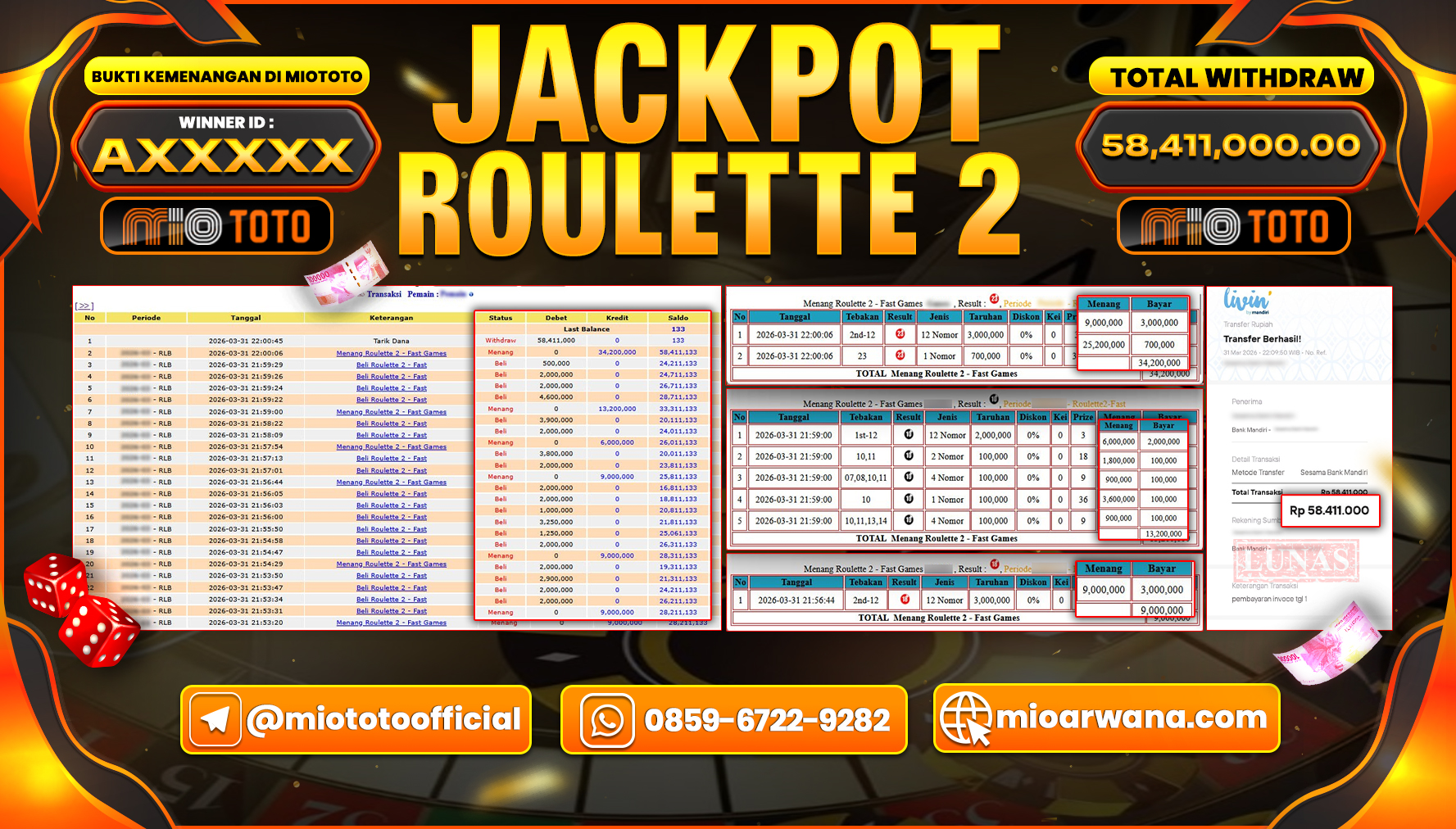 JACKPOT LIVE GAME ROULETTE 2 - FAST Rp.58,411,000 DI BAYAR TUNAI !!!