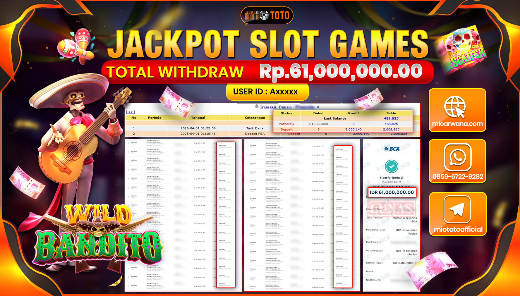 JACKPOT SLOT WILD BANDITO Rp.61,000,000 DI BAYAR TUNAI !!!