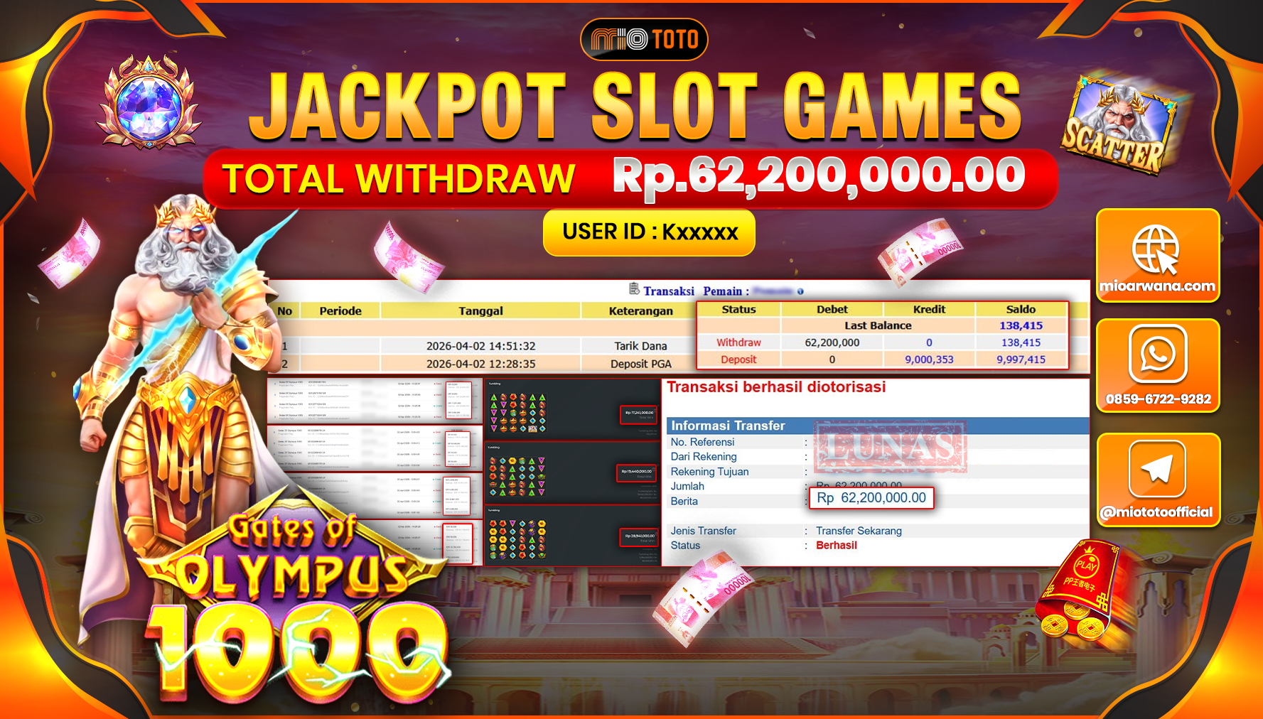 JACKPOT SLOT GATES OF OLYMPUS 1000 Rp.62,200,000 DI BAYAR TUNAI !!!