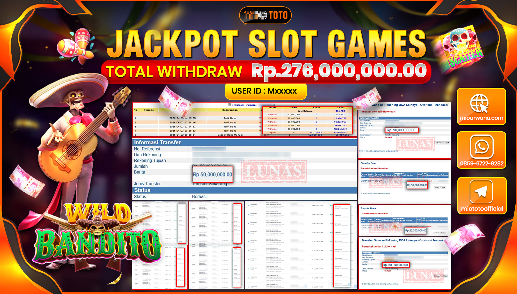 JACKPOT SLOT WILD BANDITO Rp.276,000,000 DI BAYAR TUNAI !!!