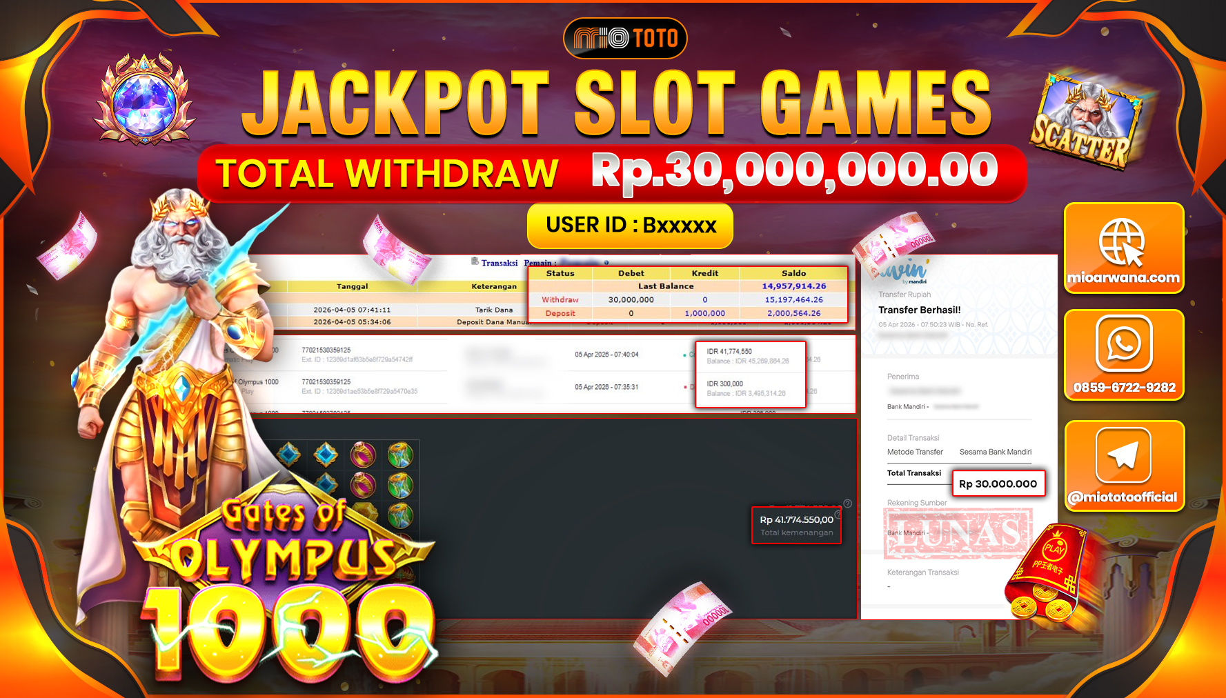 JACKPOT SLOT GATES OF OLYMPUS 1000 Rp.30,000,000 DI BAYAR TUNAI !!!