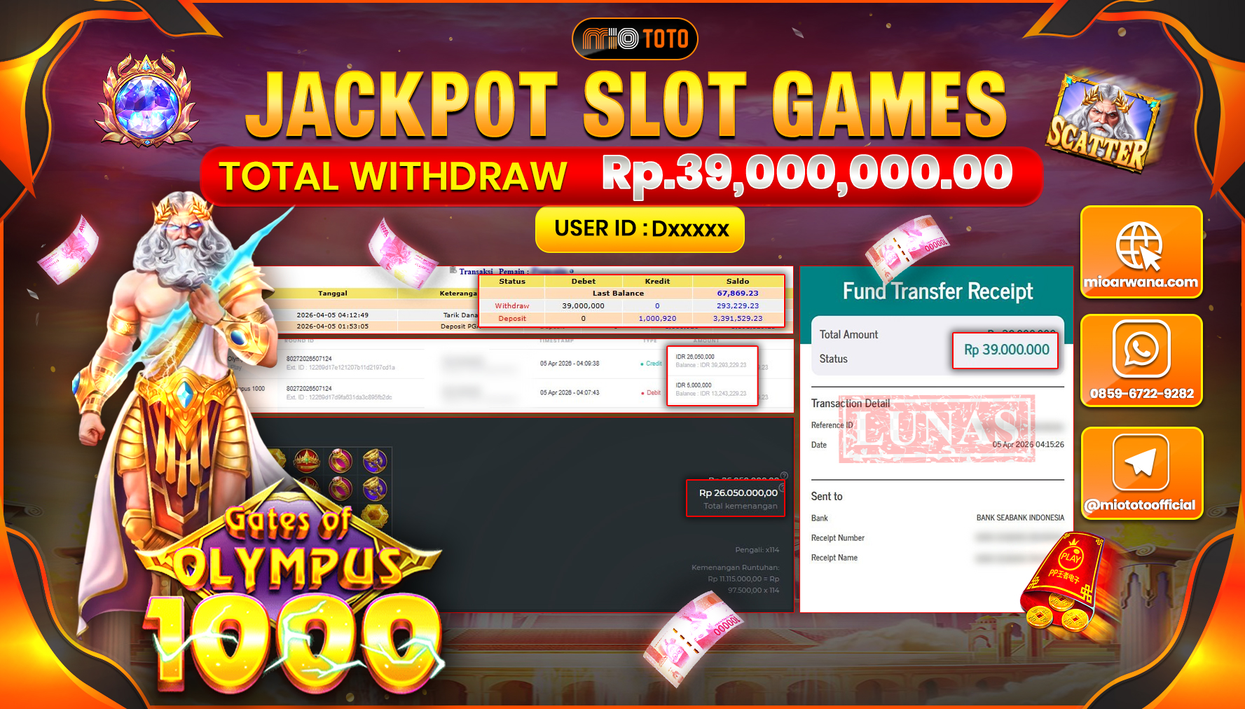 JACKPOT SLOT GATES OF OLYMPUS 1000 Rp.39,000,000 DI BAYAR TUNAI !!!