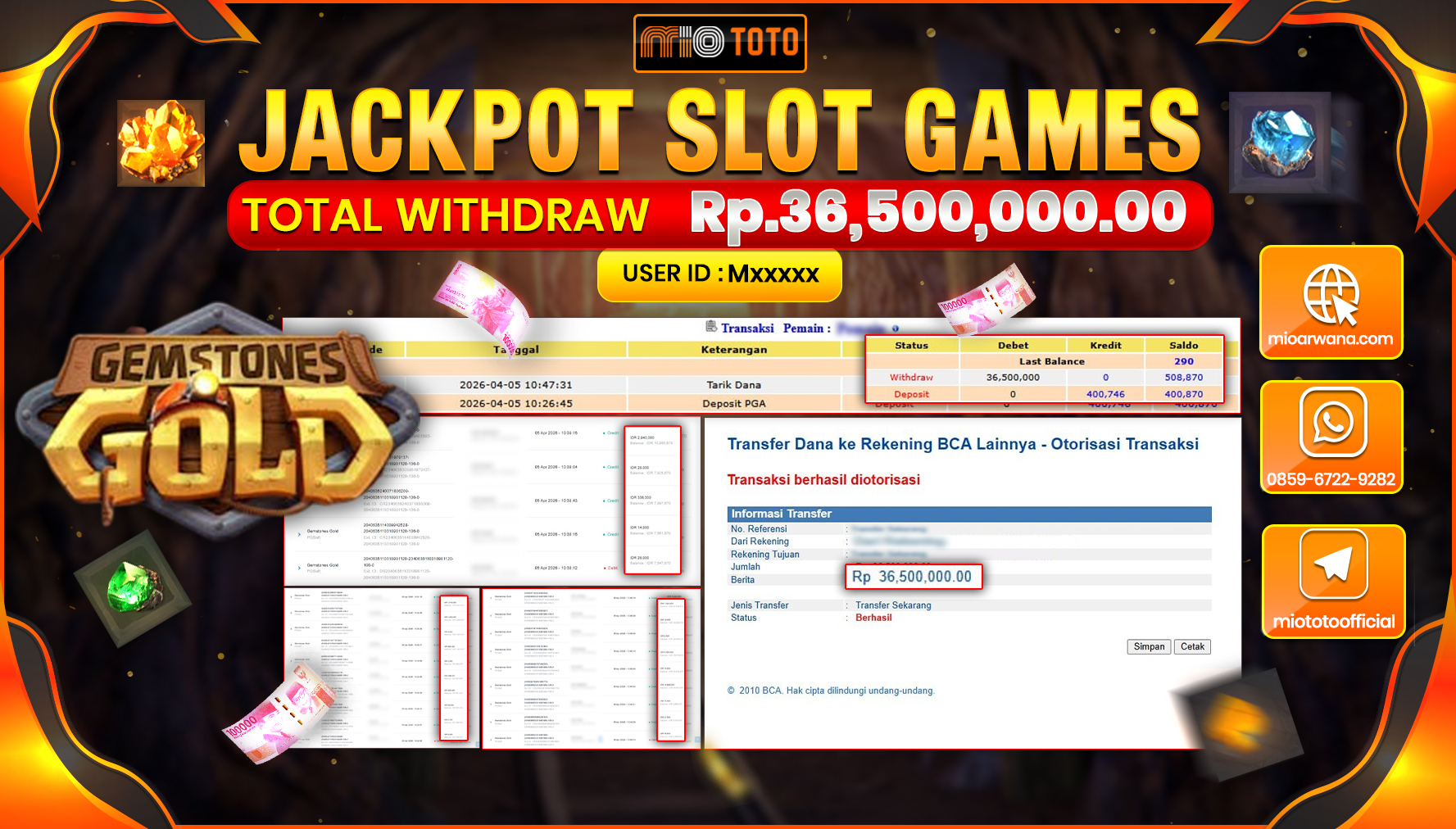 JACKPOT SLOT GEMSTONES GOLD Rp.36,500,000 DI BAYAR TUNAI !!!