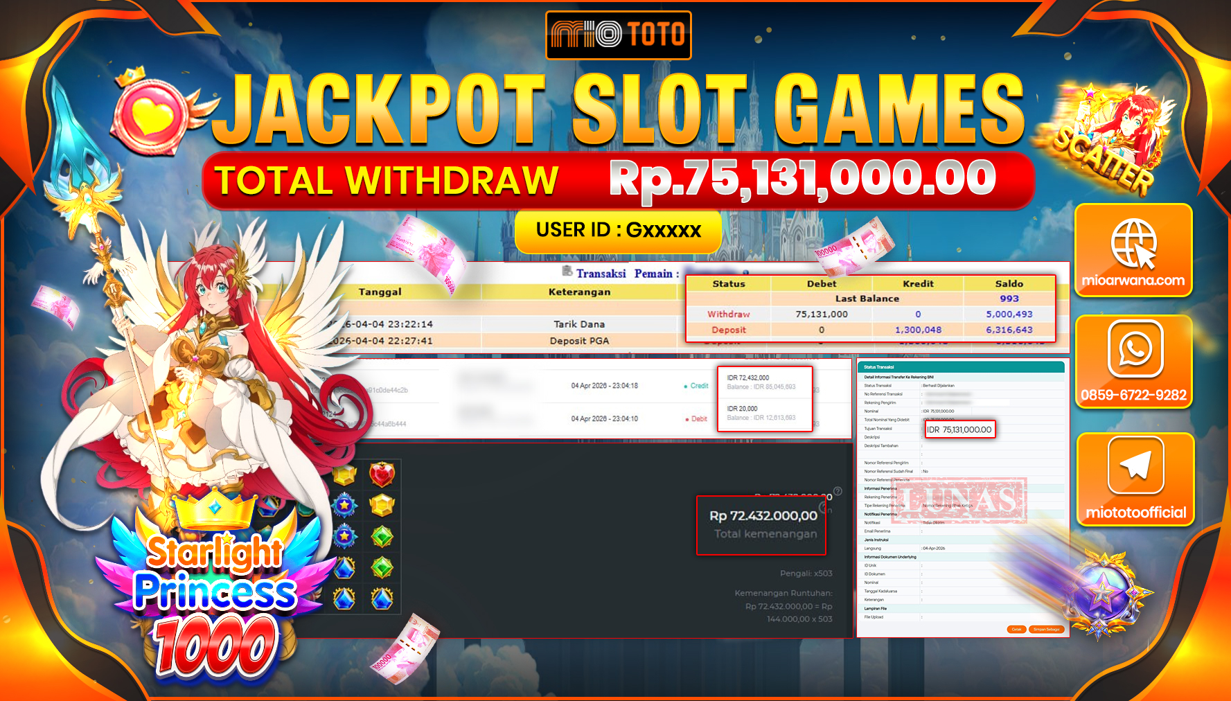 JACKPOT SLOT STARLIGHT PRINCESS 1000 Rp.75,131,000 DI BAYAR TUNAI !!!
