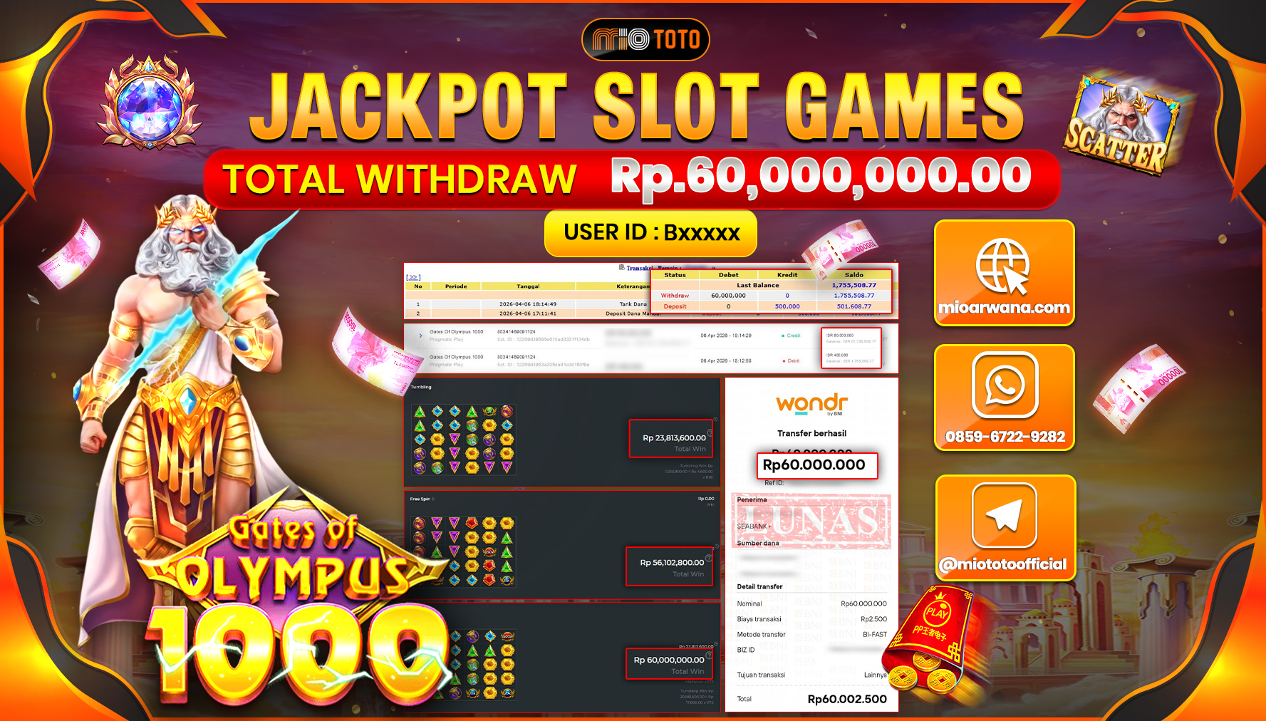 JACKPOT SLOT GATES OF OLYMPUS 1000 Rp.60,000,000 DI BAYAR TUNAI !!!