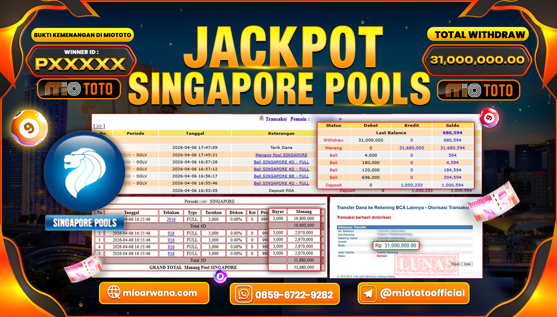 JACKPOT TOGEL SINGAPORE POOLS Rp.31,000,000 DI BAYAR TUNAI !!!